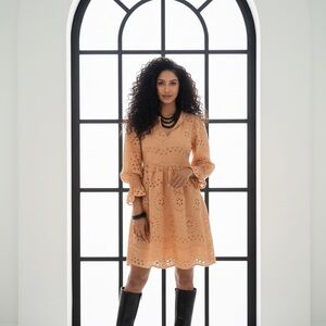 Yellow Eyelet Mini Dress with Long Sleeves